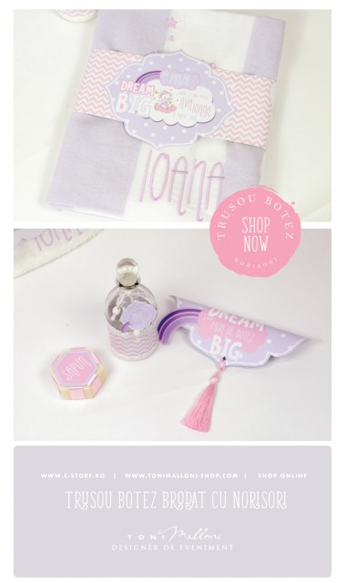 Trusou de botez personalizat si brodat cu norisori pufosi si ursuleti pentru fete, Dream big little girl 5